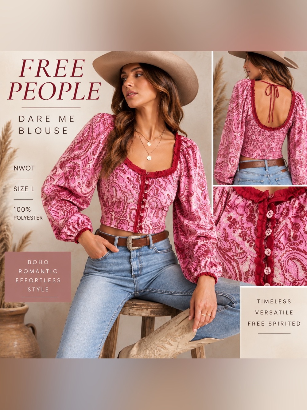 Free People Dare Me Blouse L Pink Paisley Ruffle Open Back Top NWOT Boho
